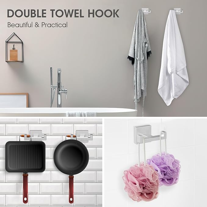 BOZWELL 1 Double Towel Hook and 2 Towel Hooks for Bathroom Bushed Nickel Wall Mount,Stainless Steel Heavy Duty Door Hanger for Bathroom Bedroom Kitchen Hotel Pool 1502-NL-3