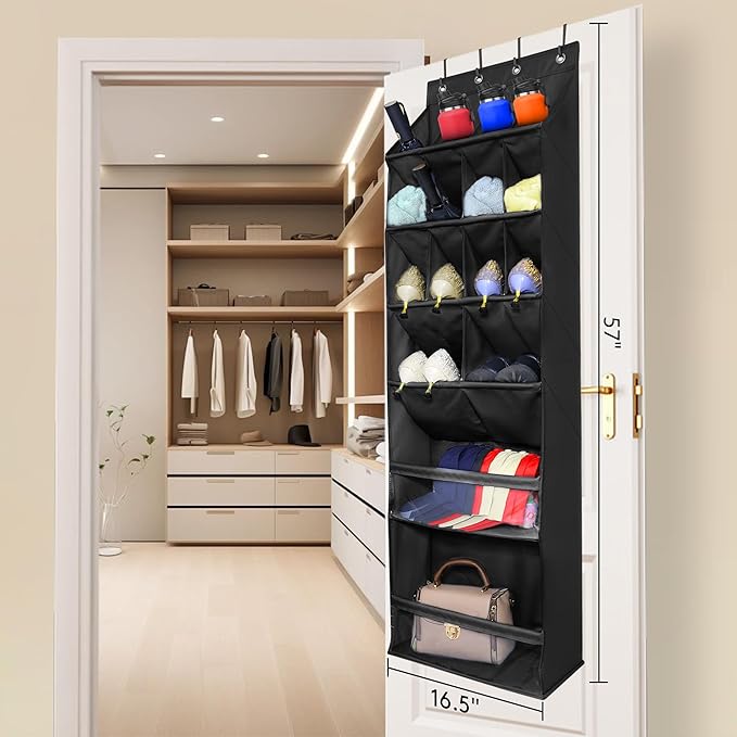 Over The Door Shoe Organizer with Large Deep Pockets Door Shoe Rack for Narrow Door Hanging Multifunction Shoe Holder for Dorm Closet Door, Black 16 Pockets-NeatNest