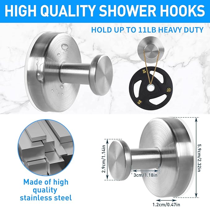 2 Pack Suction Cup Hooks for Shower, Exquisite Metal Shell & No Drill suction hooks for shower wall for Bathroom Wall, Kitchen, Glass, Mirror, Tile to Hang Towels, Robes, Loofah - Wire-Drawing Silver