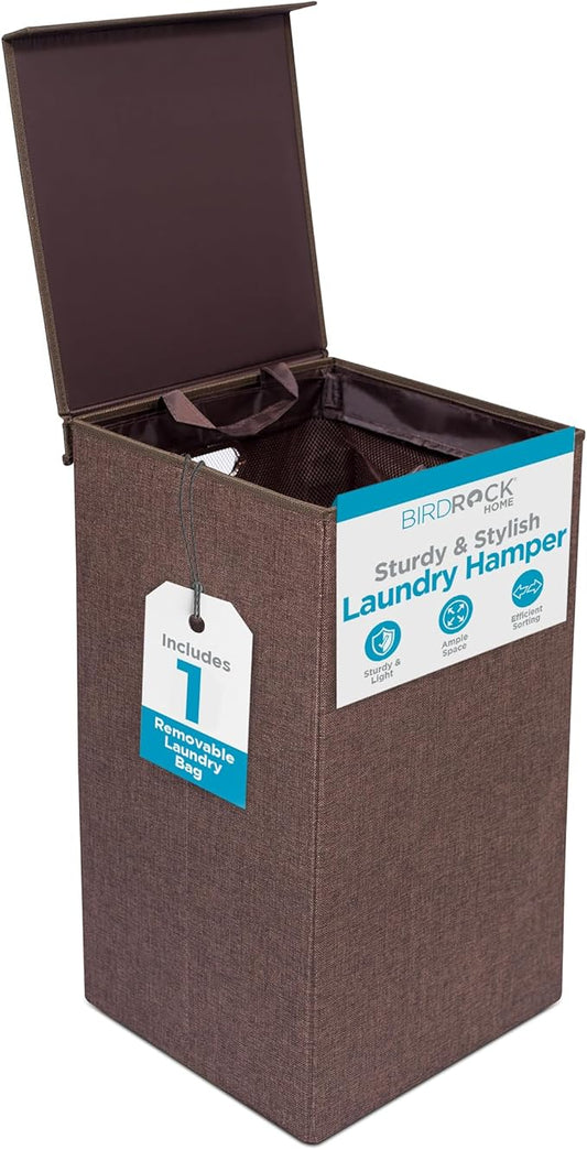 BirdRock Home Single Laundry Hamper with Lid and Removable Liner | Linen | Easily Transport Laundry | Foldable Hamper | Cut Out Handles-NeatNest