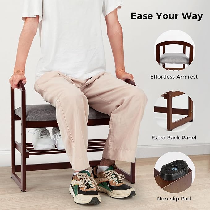 StrongTek Elderly-Friendly Shoe Bench with Armrests, 14" High, Lightweight, 220 lbs Capacity, Bamboo Entryway Bench with Soft Cushion, Small Shoe Rack for Up to 4 Pairs of Shoes