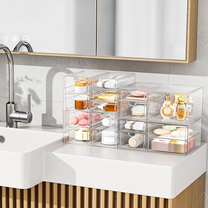 Acrylic Makeup Organizer with 17 Drawers, 4 Pack Clear Bathroom Counter Organizer for Palettes, Cosmetic, and Beauty Supplies,Ideal for Vanity, Cabinet,Desk Organization-NeatNest