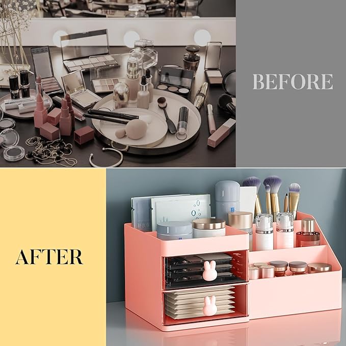 Makeup Organizer, Cosmetic Desk Storage Box with Drawers Skincare Organizers for Dressing Table, Countertop, Bathroom Counter, Vanity Holder for Brushes, Lotions, Lipstick, Perfume (Pink-Clear)-NeatNest