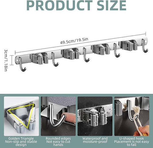 Broom and Mop Holder Wall Mount Organizer Stainless Steel Heavy Duty Hooks Self Adhesive Solid Non-slip for Home Kitchen Garden Laundry Garage(4 Racks with 5 Hooks, Silver)-NeatNest