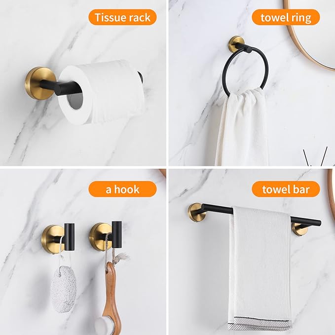 Bathroom Hardware Set Black and Gold,Towel Bar Set Including 2pcs 16inch Towel Bars, 2pcs Toilet Paper Holders, 2pcs Towel Rings and 4pcs Robe Towel Hooks