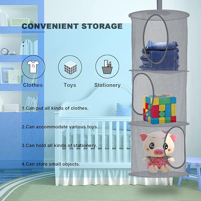 2Pcs Stuffed Animal Storage Foldable Stuffed Animal Net or Hammock Organizer, 3 Compartments Hanging Mesh Toy Storage Hammock for Kid Room Toys, Gloves, Hats, Socks(Grey)-NeatNest