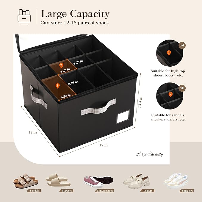 Criusia Shoe Organizer for Closet, Foldable Shoe Storage Organizer with Clear Cover and Sturdy Handles, Fit 12-16 Pairs, Closet Organizer for Shoes Sneakers Sandals Heels, 2 Pack, Black-NeatNest