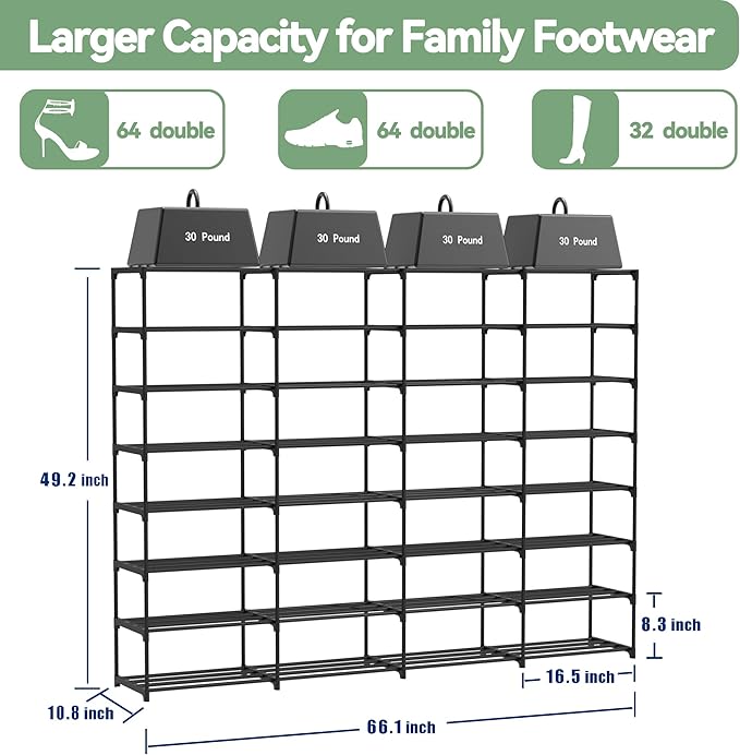 Large Shoe Rack Organizer, 4-Row 8-Tier Tall Shoe Storage Shelf for Closet, Entryway, Garage, Metal Free Standing Shoe Holder for 56-64 Pairs Shoes, Sturdy Stackable Shoe Stand for Bedroom-NeatNest
