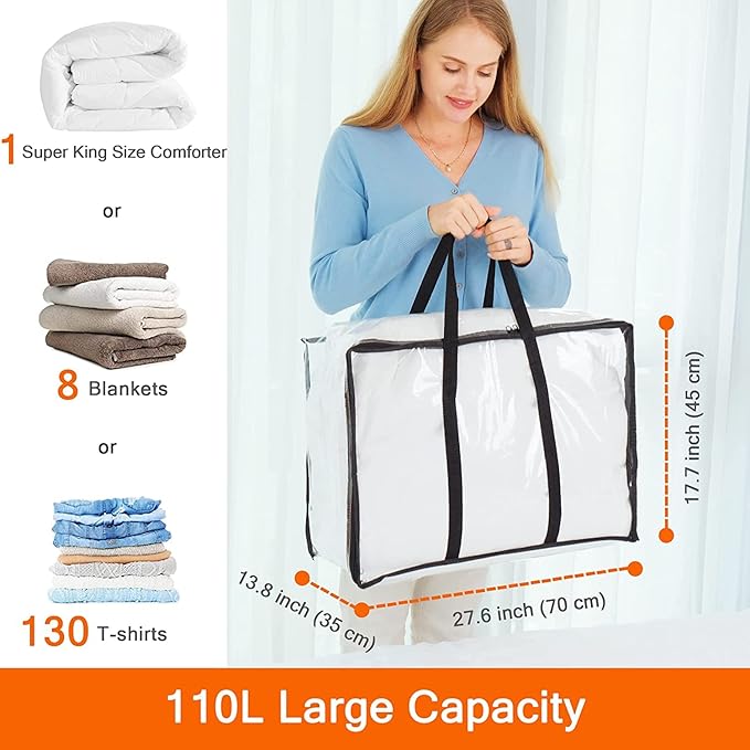 Vieshful 7 Pack Clear Comforter Storage Bag, 110L Over-Sized Clothes Storage Bag with Zipper Closet Organizer, Plastic Storage Containers Moving bags for Comforter, Blanket, Bedding, Duvet, Toys-NeatNest