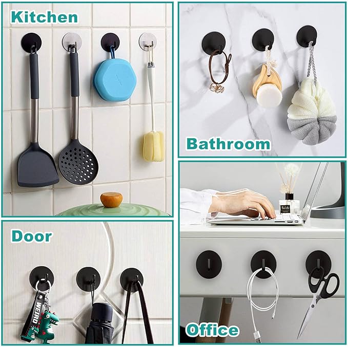 Black Adhesive Hooks 2pcs, Bathroom Towel Heavy Duty Wall Hook 304 Stainless Steel Waterproof for Hanging Robes Towels Hats Bathroom Shower Kitchen-NeatNest