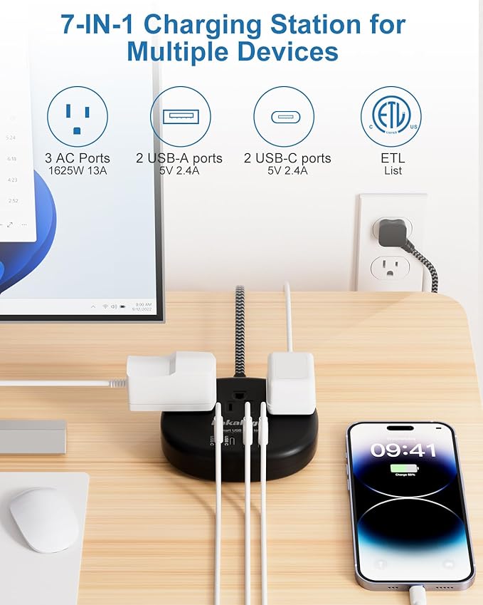 Black Extension Cord 10 Feet, 1625W Extension Cord 3 Prong with 3 AC Outlet 4 USB (24W/4.8A), Bedside Charging Station for Home, Office and Dorm-NeatNest