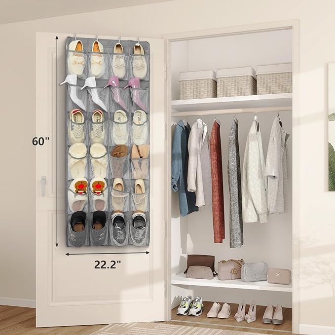 FENTEC 24 Pockets Over the Door Shoe Organizer Hanging Shoe Organizer for Closet, Space Saving Mesh Large Pocket Shoe Storage and Organizer, Shoe Holder for Apartments Garages, Grey 1 Pack-NeatNest