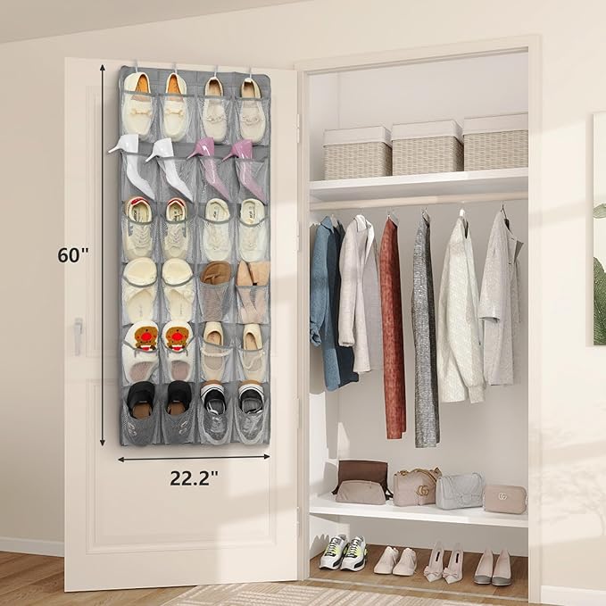 FENTEC 2 Pack Over the Door Shoe Organizer Hanging Shoe Organizer for Closet, Space Saving Mesh Large Pocket Shoe Storage and Organizer with 24 Packets, Shoe Holder for Apartments Garages, Gray-NeatNest