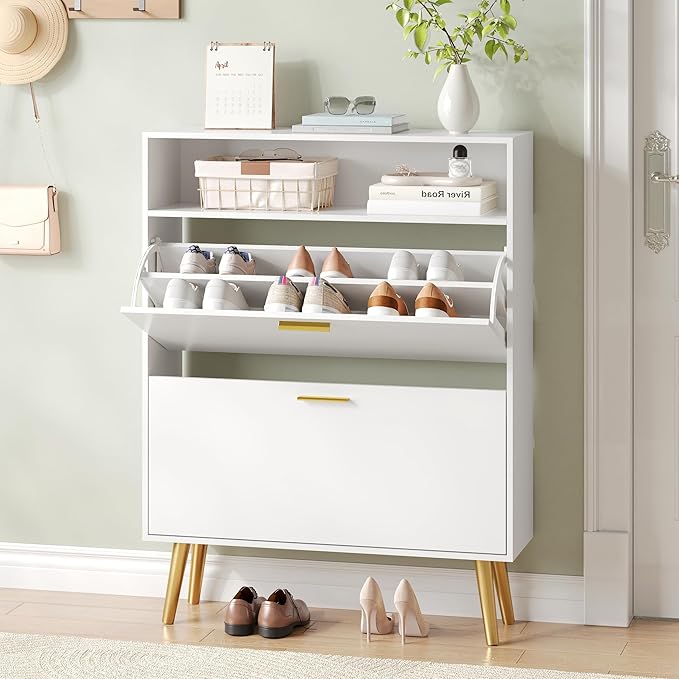 Entryway Shoe Cabinet, White Shoe Storage Cabinet with 2 Flip Doors and Shelf, Narrow Hidden Shoe Organizer Cabinet Slim, Freestanding Shoe Rack for Entryway, White-NeatNest