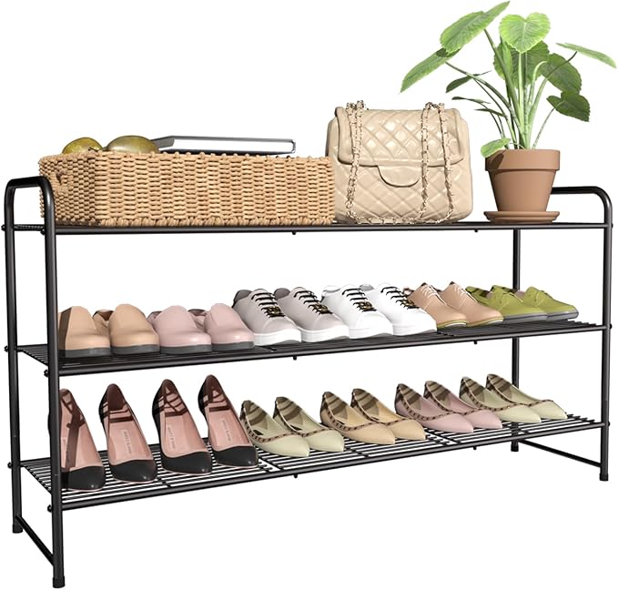 3-Tier Long Metal Shoe Rack,Extra Large Capacity Adjustable Stackable Shoe Organizer Shelf for Closet Entryway,Bronze 42" W × 24.5" H-NeatNest