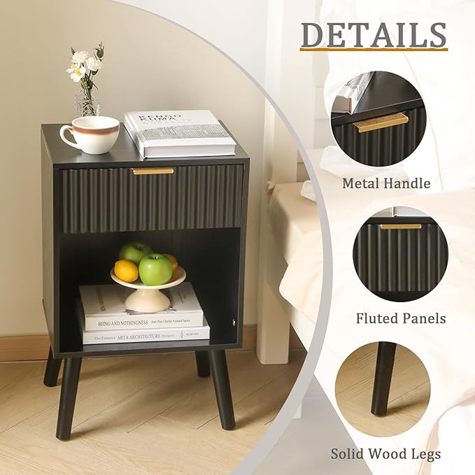 Black Fluted Nightstand, Modern Bedside Table with Drawer and Opening Storage, End Side Table Living Room with Solid Wood Legs for Bedroom (Black)-NeatNest