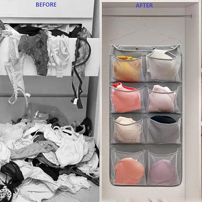 Dual Sided Hanging Closet Organizer Durable Socks Stocking Clothes Bra Accessories Storage Bag With 16 Large Pockets (Nylon Mesh Pockets)-NeatNest