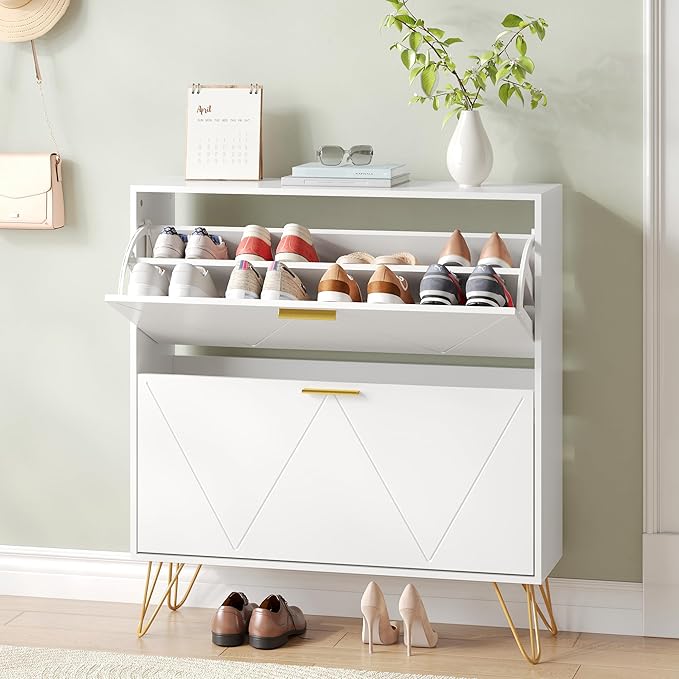 Shoe Cabinet with 2 Flip Drawers, Shoe Storage Cabinet Entryway Slim, White and Gold Narrow Shoe Cabinet w/Metal Legs, Hidden Freestanding Shoe Rack Organizer for Entryway, White-NeatNest