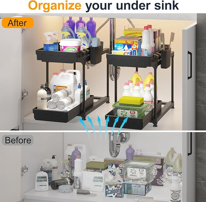 2 Pack Double Sliding Under Sink Organizers and Storage, 2 Tier Under Bathroom Cabinet Shelf Organizer with Hooks Hanging Cup, Home Organization, Black-NeatNest