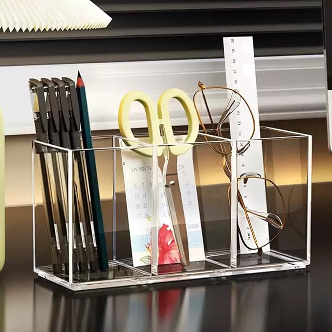 Acrylic Makeup Brush Holder, 2 Pack Clear Pencil Holder, Desk Accessories Holder with 3 Compartments, Brush Organizer for Vanity, Desk, Cosmetic Display-NeatNest