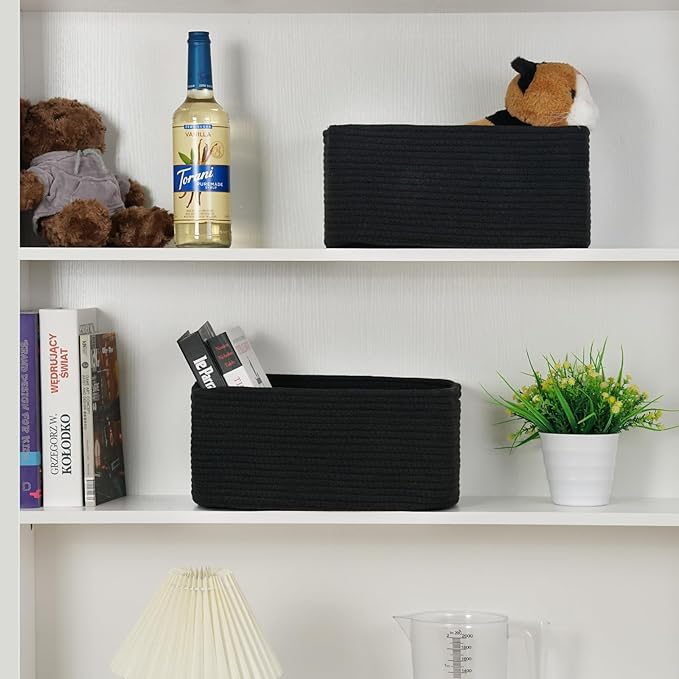 3-Pack Storage Baskets for Organizing | Woven Shelf Toy Basket | Rope Baskets for Gifts Empty | Closet Organizer Bins with Handles | Cube Decorative Box | 13.7×7.1×6.7” | Mixed Black-NeatNest