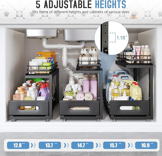 1 Pack Under Sink Organizer Upgrade To Professional Rails,2-Tier Dual Pull Out Cabinet Storage,Height Adjustable Slide Out Drawers For Bathroom Kitchen,Under Sink Shelf-Black-NeatNest