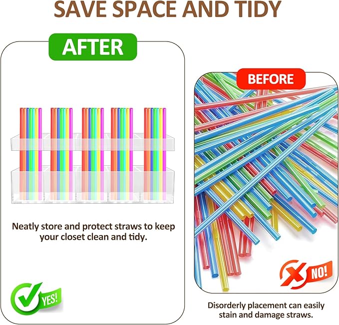 9.8” Acrylic Straw Holder with Double Sided Adhesive Tape Reusable Tumbler Straw Organizer Storage Container for Counter Cabinet Cupboard Kitchen(Large)