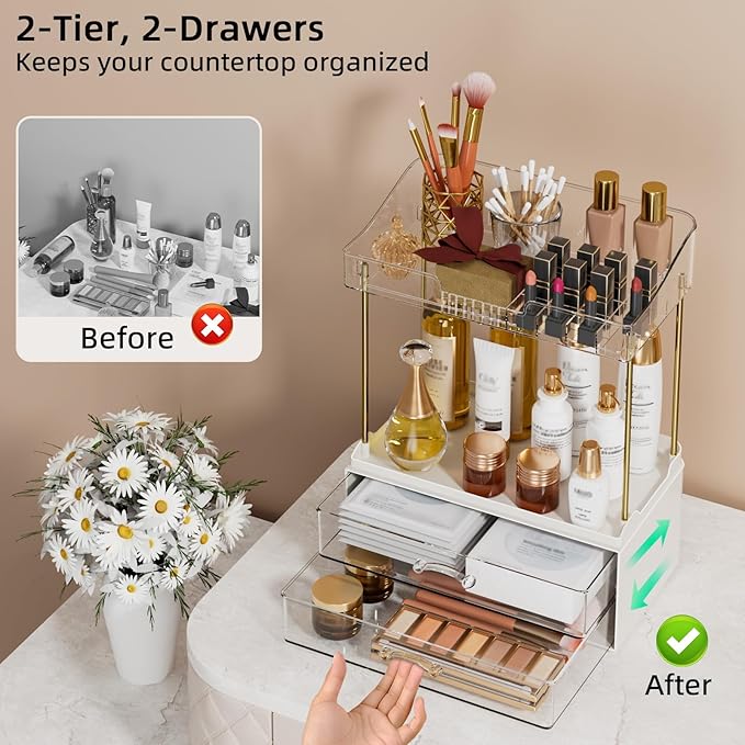 4-Tier 2-Drawer Bathroom Organizer Counter Organization, Multi-Purpose Makeup Skincare Organizers with Compartment, Easy to Install, Exquisit Vanity Shelves, Clear