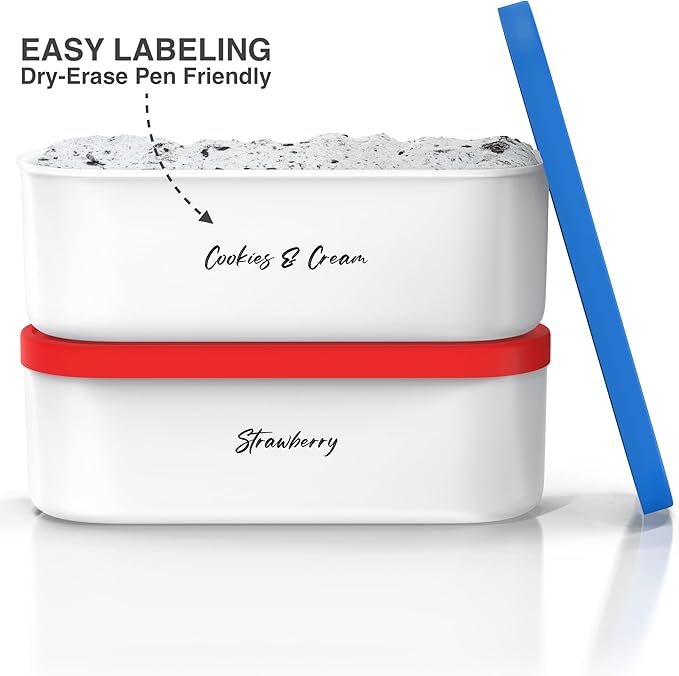 Ice Cream Containers - 2 Quart Ea. (Set of 2) - Premium Reusable Freezer Storage for Homemade Ice Cream Tub for Sorbet, Frozen Yogurt - Flexible Silicone Lids, Long Scoop, Stackable - Blue & Red