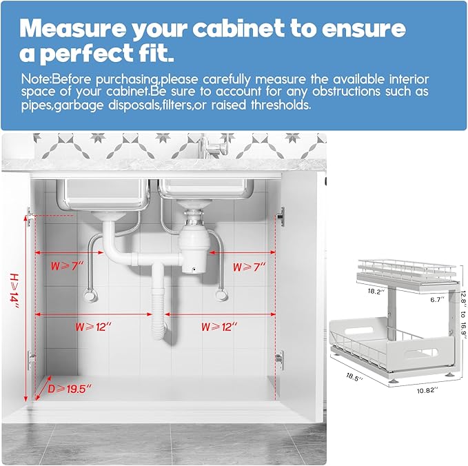 2 Pack 18 IN Depth Under Sink Organizer with Smooth Ball Bearing Slides,2-Tier Pull Out Cabinet Storage,Slide Out Drawers for Bathroom&Kitchen,Rust-resistant Coating,Height Adjustable-White-NeatNest