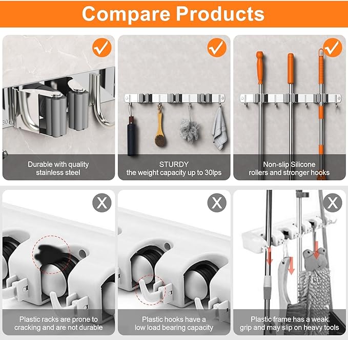 Mop and Broom Holder Wall Mount, Upgraded Broom Organizer Wall Mount, Stainless Steel Broom Hanger Wall Mount for Home Kitchen Garden Laundry Garage (5 Racks with 4 Hooks Black)-NeatNest