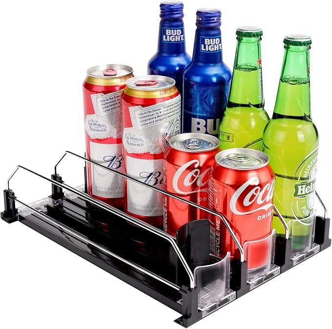 Drink Dispenser for Refrigerator, Self-Pushing Soda Can Organizer for Fridge, 3 Rows has been Assembled, Automatic Can Organizer with Spring Loaded for Refrigerator Holds 12 cans, Black