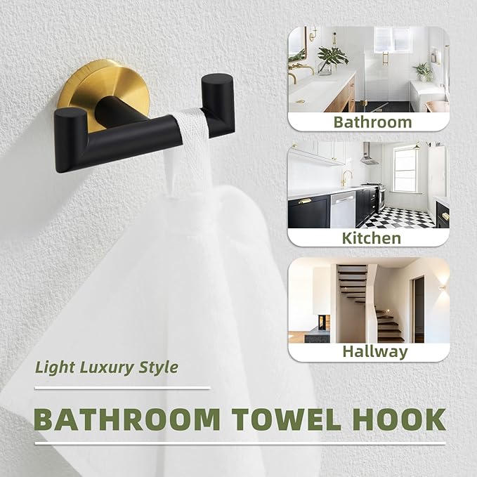 APLusee Black Gold Double Towel Hook, Stainless Steel Robe Hook for Bathroom, Wall Mounted