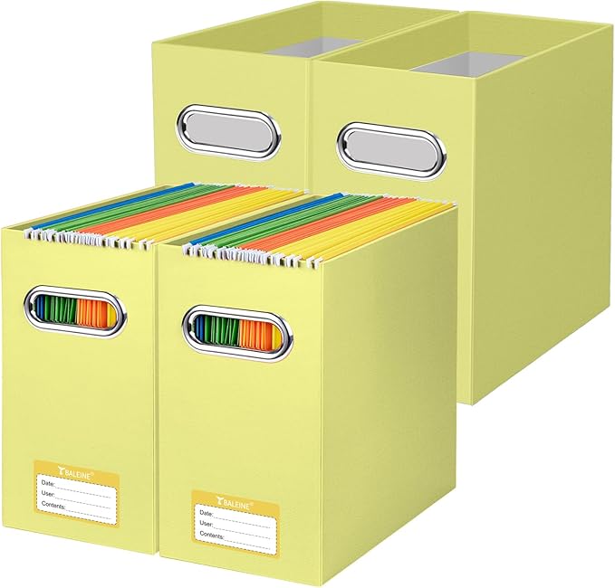 BALEINE File Organizer Box, Cardboard File Folder Organizer with Handle for Letter Size, Portable Collapsible Hanging Filing Box for Home Office Document Storage (4 Pack, Yellow)-NeatNest
