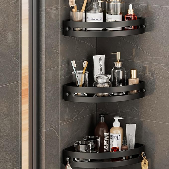 Corner Shower Caddy Shelf,No Punching Design,3-Tier Shower Organizer,Wall Mounted Shower Shelf for Bathroom, Kitchen, Countertop(Black)