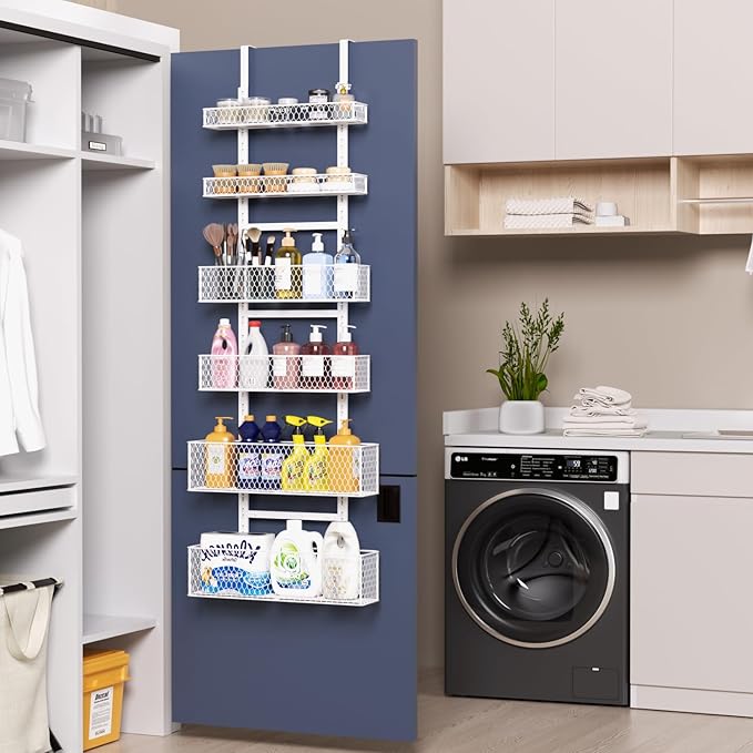 6-Tier Over The Door Pantry Organizer,Hanging Spice Rack with Adjustable Basket,Over Door Racks,Pantry Organization And Storage, Laundry Room,Bathroom,Large Capacity,D5.3xW15.7xH60.9in