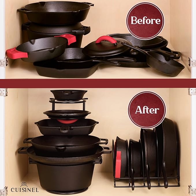 Cuisinel Pots and Pans Organizer Rack - Heavy Duty 60-LBS Capacity - 6mm Thick - Made in India - Matte-Black 12.2"-Tall 5-Tier Space-Saving Kitchen Storage for Cast Iron Cookware, Skillet, Dish, Plate-NeatNest