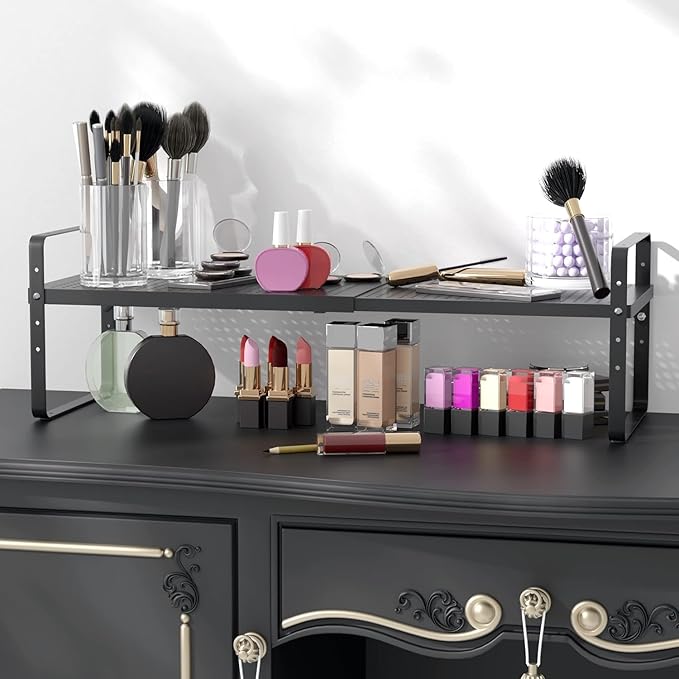 Expandable Cabinet Shelf Organizer Adjustable Metal Spice Rack Stackable Freestanding Counter Storage Shelves for Kitchen Cabinet Under Sink Office Desk (Black - 3Pack - L16.5-27'' * W8'' * H9.6'')-NeatNest