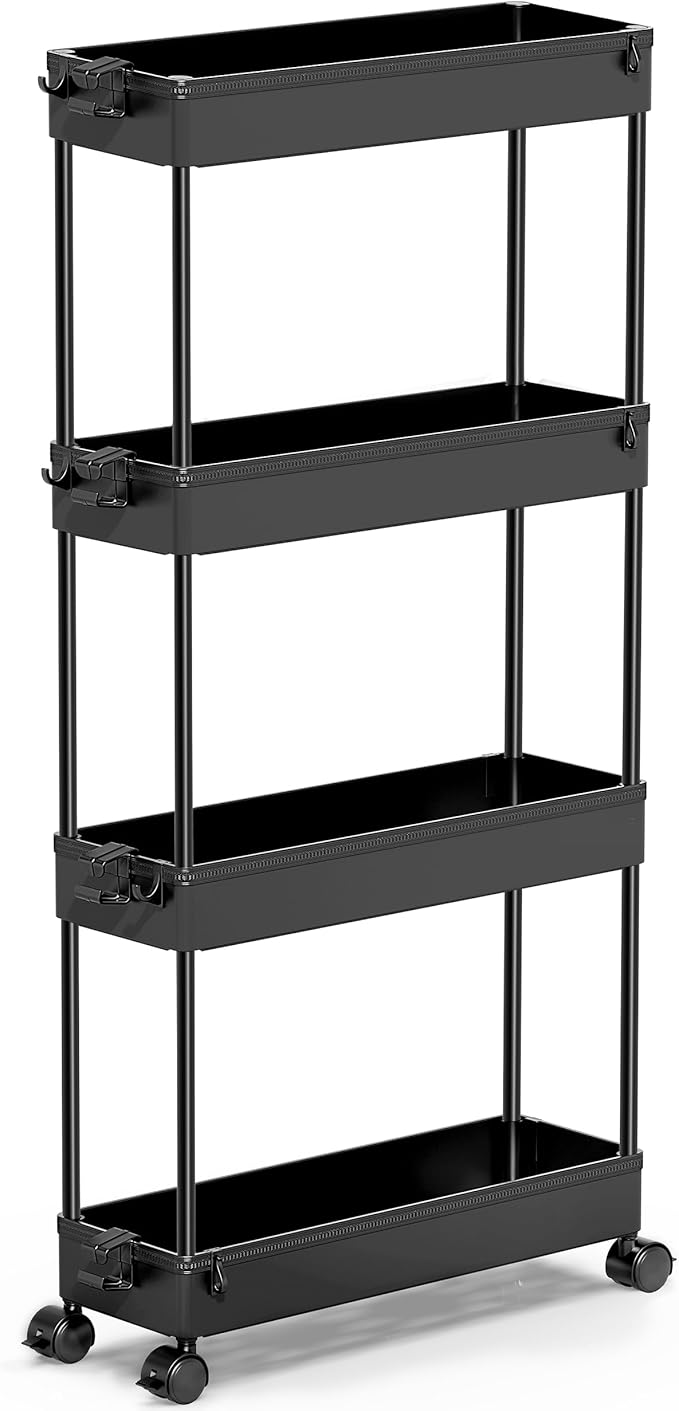 SPACEKEEPER Slim Rolling Storage Cart 4 Tier Bathroom Organizer Cart Mobile Shelving Unit Slide Out Utility Cart for Kitchen, Bthroom, Makeup, Craft, Laundry Narrow Places, Black