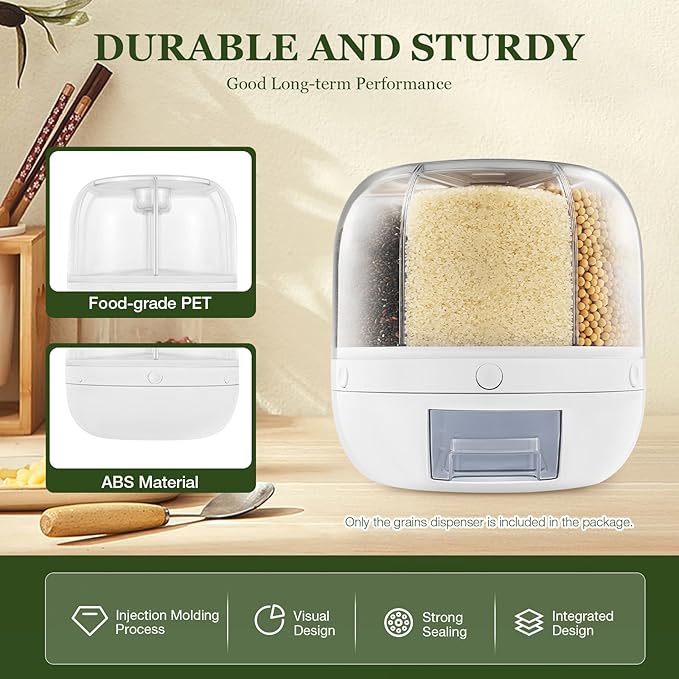360° Rotating Grains Dispenser, 6 Grids Dry Food Dispenser, Round Multigrain Tank Cup Dry Rice Container with Sealed Lid, Grains Cans Grain Storage Tank for Home Kitchen, Can Hold 13lbs, White-NeatNest