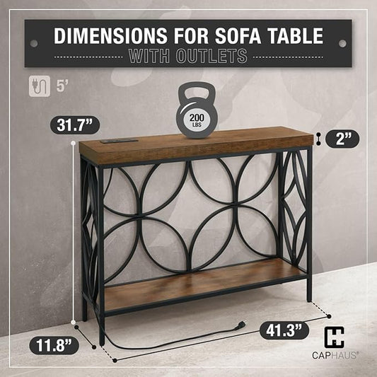 CAPHAUS 41” 2-Tier Industrial Sofa Console Thick Table w/Storage & Charging Station, Entrance Tableau w/ 2 Outlets, USB & Type-C Ports for Entryway, Living Room, Hallway, Foyer, Rustic, Butterfly-NeatNest
