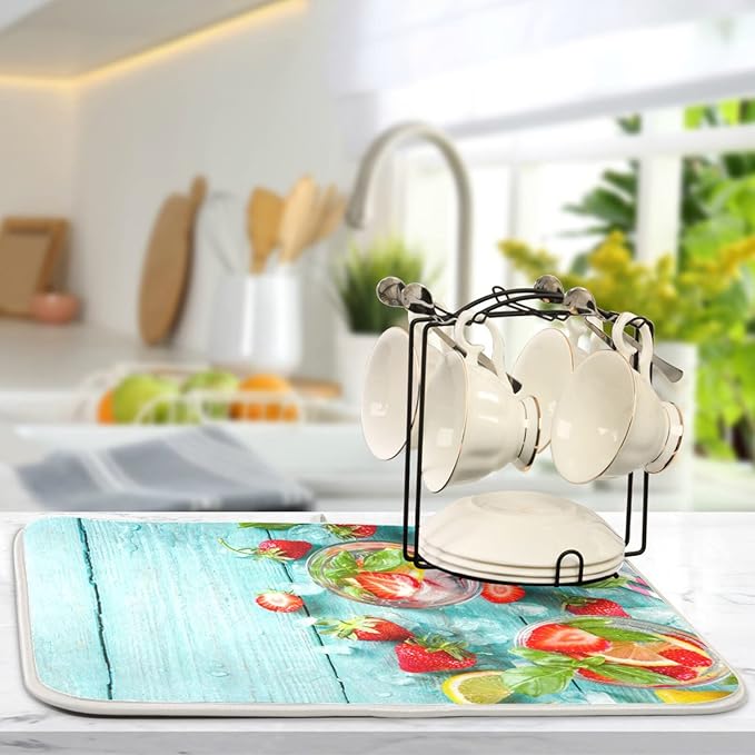 Absorbent Dish Drying Mat for Kitchen Counter - Strawberry Blue Wooden Microfiber Drying Pad, Reversible Drainer Mats for Countertop, Large 18" x 24"