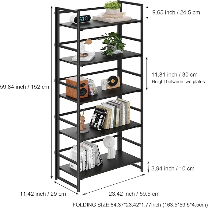 BHG Vintage Multifunctional Folding Bookshelf, No-Assembly Plant Stand Storage Rack Shelves for Home Office (All Black, 5-Tier)-NeatNest