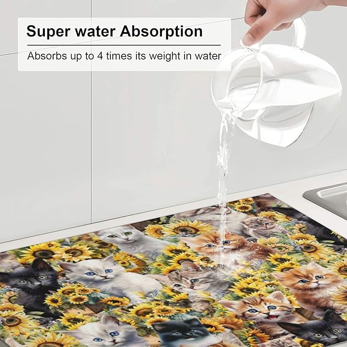 Cute Cat Dish Drying Mat 18 x 24 Inch for Kitchen Counter Cute Kitchen Mat Microfiber Kitchen Countertop Absorbent Reversible Drainer Rack Pad Dish Drying Mat-NeatNest