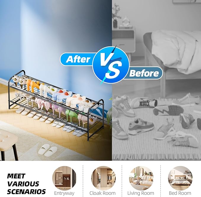 2 Tier Shoe Rack for Closet, 44 Inch Extra Long Shoe Storage Organizer for Shelves, Heavy Duty Metal, Easy Assembly, Black-NeatNest
