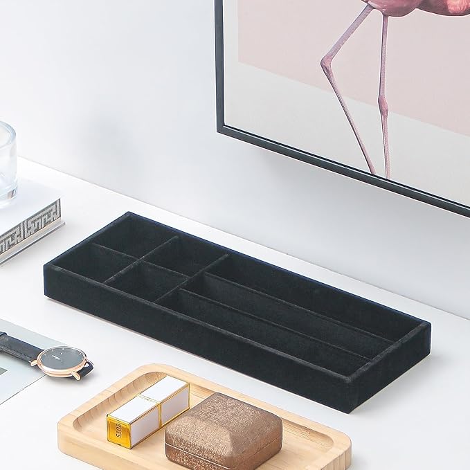 Divided Drawer Organizer Tray, Velvet Jewelry Storage Tray, Necklace Bracelet Ring Earring Display Tray,Bedside Nightstand Desk Holder Tray for Phone Watch Sunglasses Cosmetics Storage/Black/7grid-NeatNest