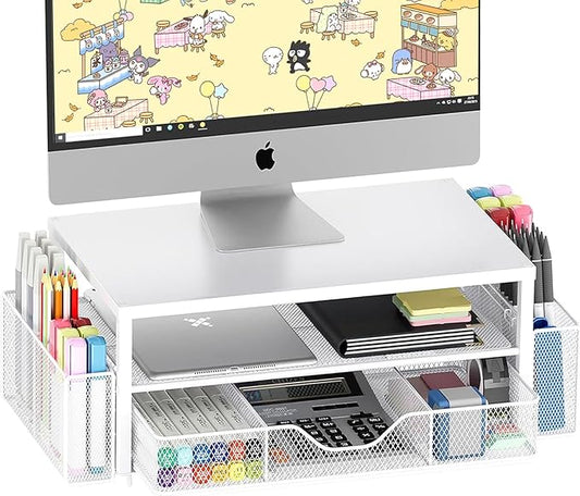 Desk Organizers and Accessories, 2-Tier Computer Monitor Stand Riser with Drawer and 2 Pen Holders, Laptop Stand, Office Desk Accessories for Office Supplies, White-NeatNest