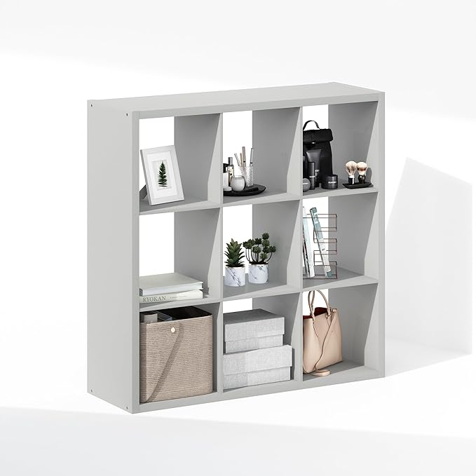 Furinno Cubic Open Back Multipurpose Clothing & Closet Storage Organizer Shelf, 9-Cube, Light Grey