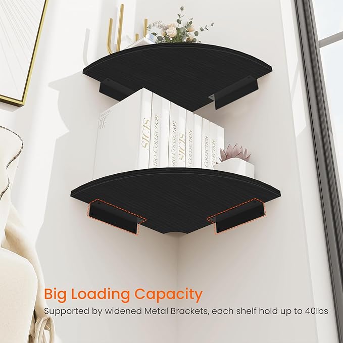 Homode Corner Floating Shelves, 12" Deep Corner Shelves Wall Mounted with Cord Hole, 2 Tier Curved Corner Hanging Shelving for Wall Storage, for Cable Box, TV Cords, Books, Plants, Black
