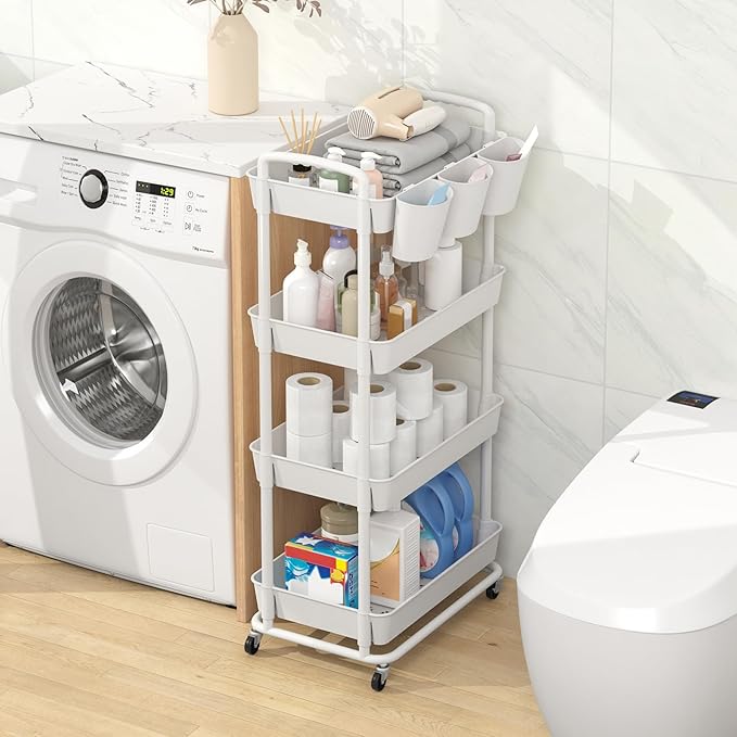JIUYOTREE 4-Tier Plastic Rolling Storage Cart Utility Cart with Extra Hanging Cups Handles Lockable Wheels for Living Room Bathroom Kitchen Office White-NeatNest